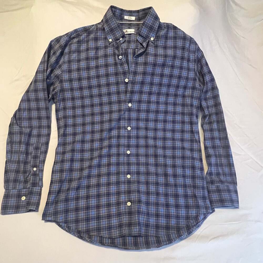 PETER MILLAR Crown Button Down Shirt Regular Fit Plaid Mens MEDIUT Blue Tan L/S
